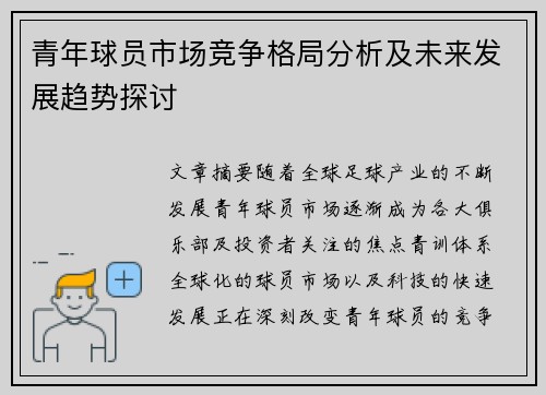 青年球员市场竞争格局分析及未来发展趋势探讨