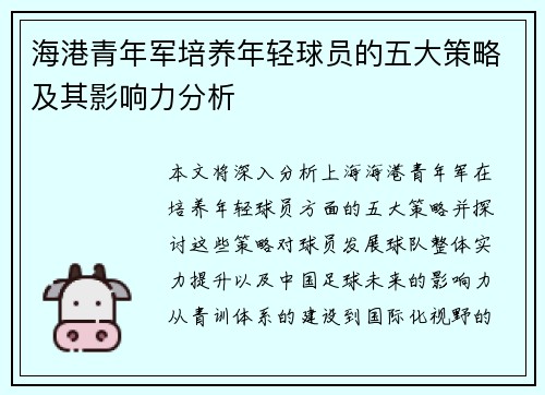海港青年军培养年轻球员的五大策略及其影响力分析 海港青年军培养年轻球员的五大策略及其影响力分析